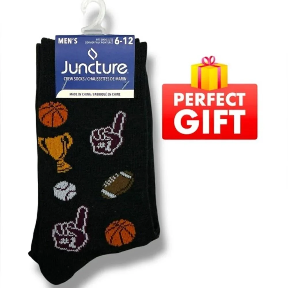 Sports Themed Crew Socks Mens Novelty Print Black Unisex OS Shoe Size 6-12 New